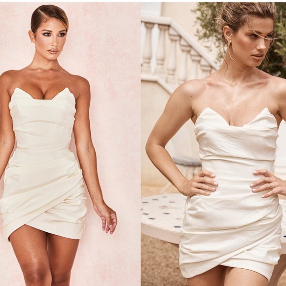 HOUSE OF CB 'Emanuela' Ivory Draped Ruched Mini Dress NWOT - Picture 3 of 9